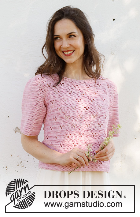 Hortense Top / DROPS 232-36 - Crocheted short-sleeve sweater in DROPS Cotton Merino. The piece is worked bottom up with lace pattern. Sizes S - XXXL.