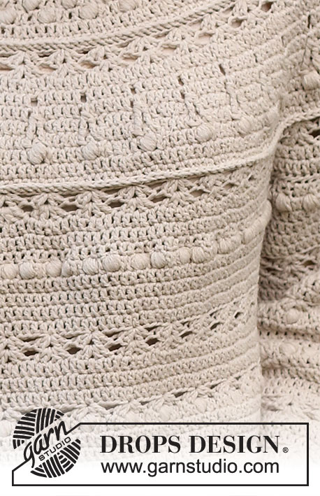 Sand Castle / DROPS 232-40 - Virkad tröja i DROPS Cotton Light. Arbetet virkas uppifrån och ner med runt ok, solfjädersmönster och muscher. Storlek S - XXXL.