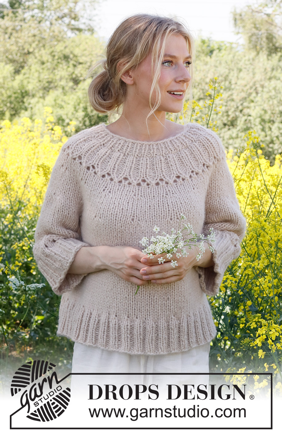 Harvest Wreath / DROPS 232-45 - Knitted jumper in DROPS Wish or 2 strands DROPS Air. Piece is knitted top down with round yoke, lace pattern and ¾ sleeves. Size: S - XXXL