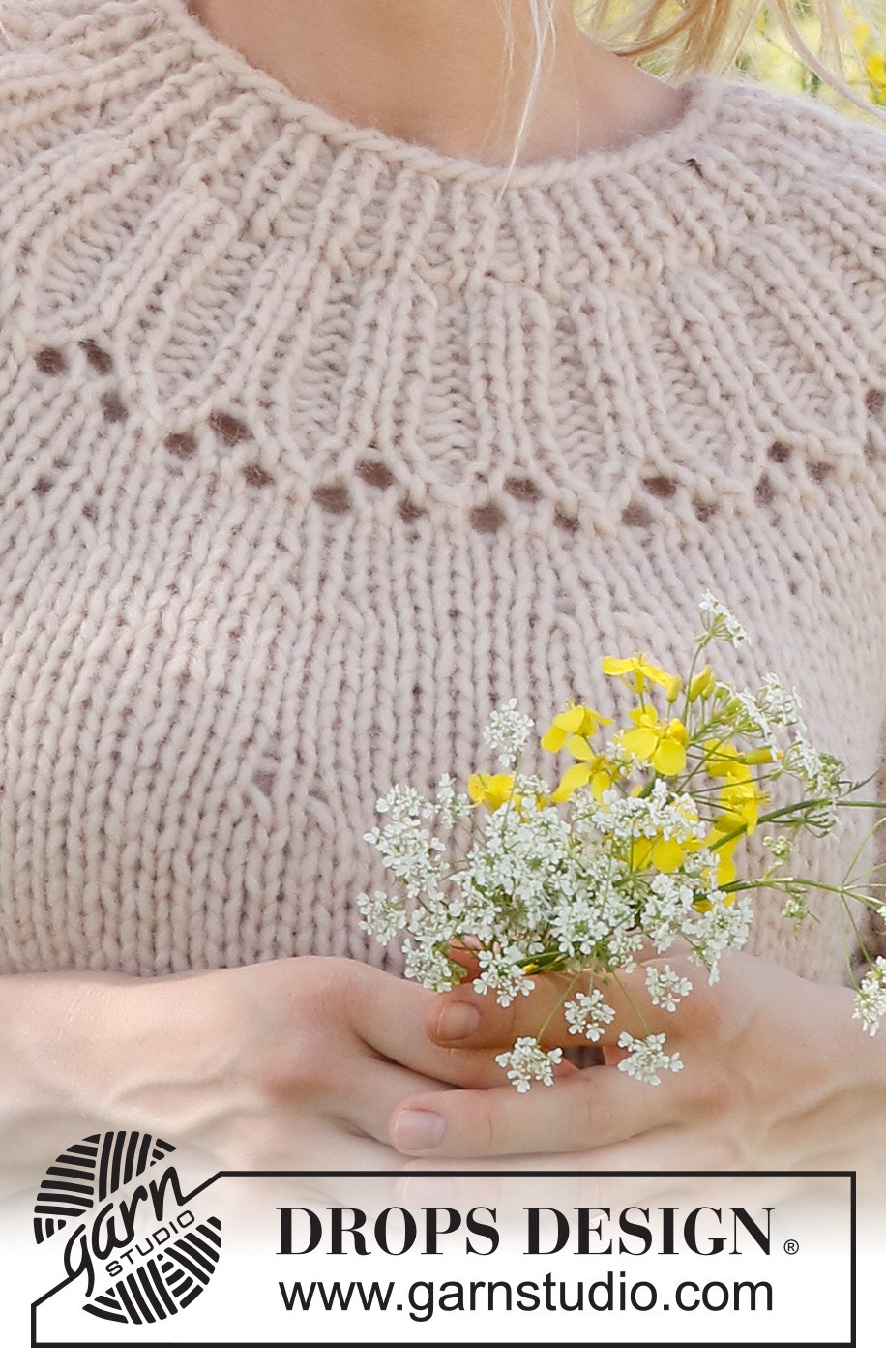 Harvest Wreath / DROPS 232-45 - Knitted jumper in DROPS Wish or 2 strands DROPS Air. Piece is knitted top down with round yoke, lace pattern and ¾ sleeves. Size: S - XXXL