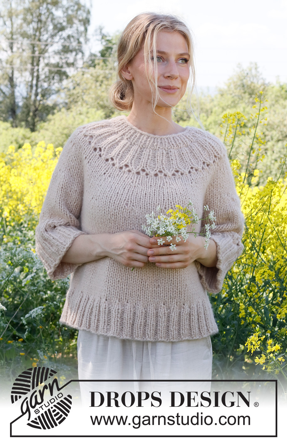 Harvest Wreath / DROPS 232-45 - Knitted jumper in DROPS Wish or 2 strands DROPS Air. Piece is knitted top down with round yoke, lace pattern and ¾ sleeves. Size: S - XXXL