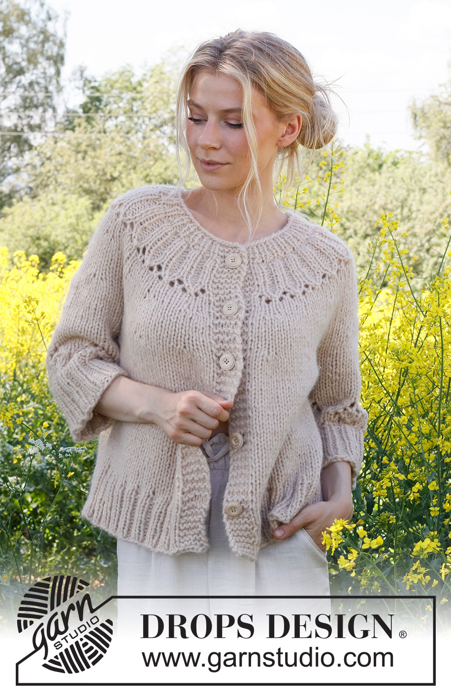 Harvest Wreath Cardigan / DROPS 232-46 - Cardigan lavorato ai ferri in DROPS Wish  o 2 capi di DROPS Air. Lavorato dall’alto in basso con sprone rotondo, motivo traforato e maniche a ¾. Taglie: S - XXXL