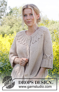 Harvest Wreath Cardigan / DROPS 232-46 - Cardigan lavorato ai ferri in DROPS Wish  o 2 capi di DROPS Air. Lavorato dall’alto in basso con sprone rotondo, motivo traforato e maniche a ¾. Taglie: S - XXXL