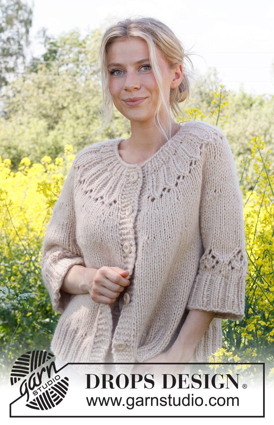 Harvest Wreath Cardigan / DROPS 232-46 - Cardigan lavorato ai ferri in DROPS Wish  o 2 capi di DROPS Air. Lavorato dall’alto in basso con sprone rotondo, motivo traforato e maniche a ¾. Taglie: S - XXXL