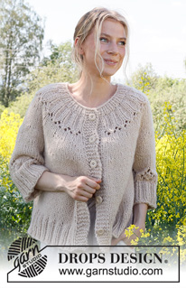 Harvest Wreath Cardigan / DROPS 232-46 - Cardigan lavorato ai ferri in DROPS Wish  o 2 capi di DROPS Air. Lavorato dall’alto in basso con sprone rotondo, motivo traforato e maniche a ¾. Taglie: S - XXXL