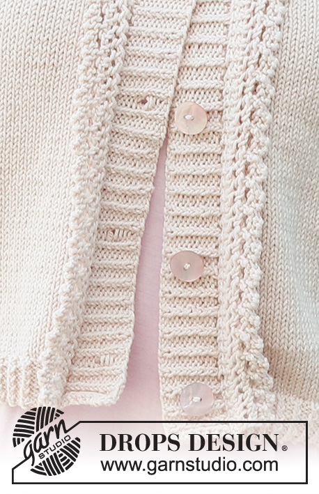 Evening Walk Cardigan / DROPS 232-48 - Strikket cardigan i DROPS Cotton Merino. Arbejdet strikkes nedenfra og op i glatstrik med korte ærmer og flæsekant. Størrelse S - XXXL.