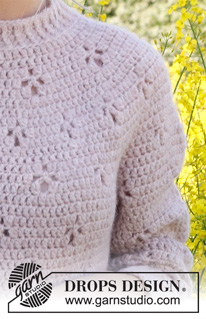 Sommarfin / DROPS 232-49 - Jersey a ganchillo en DROPS Air. La pieza está elaborada de arriba hacia abajo, con canesú redondo y patrón de calados. Tallas XS – XXL.
