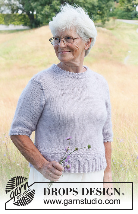 Provence Purple / DROPS 232-51 - Knitted jumper in DROPS Alpaca and DROPS Kid-Silk. The piece is worked bottom up with short sleeves and double neck. Sizes S - XXXL.