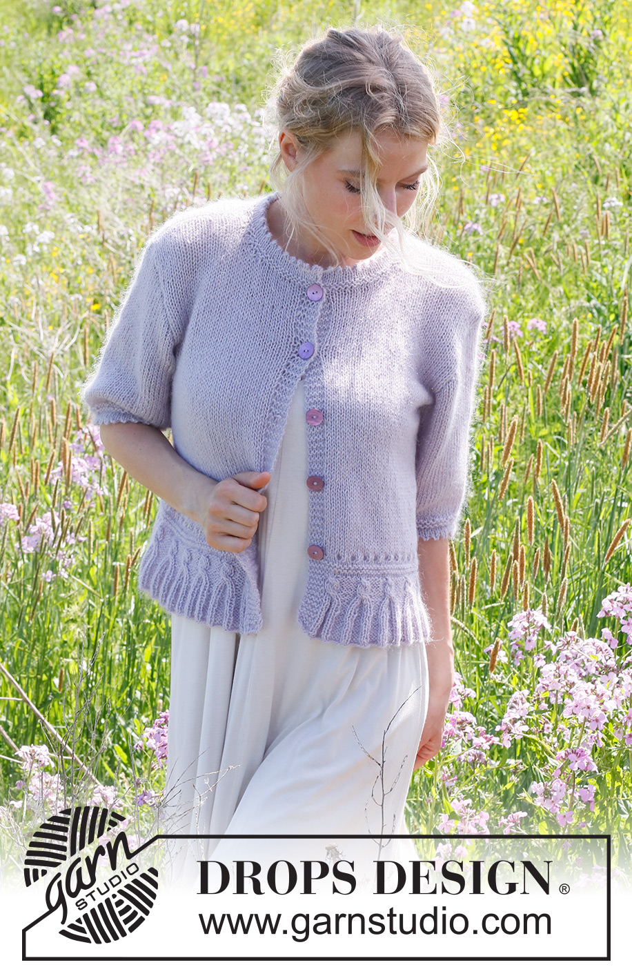 Provence Purple Cardigan / DROPS 232-52 - Knitted jacket in DROPS Alpaca and DROPS Kid-Silk. The piece is worked bottom up, with short sleeves and double neck. Sizes S - XXXL.