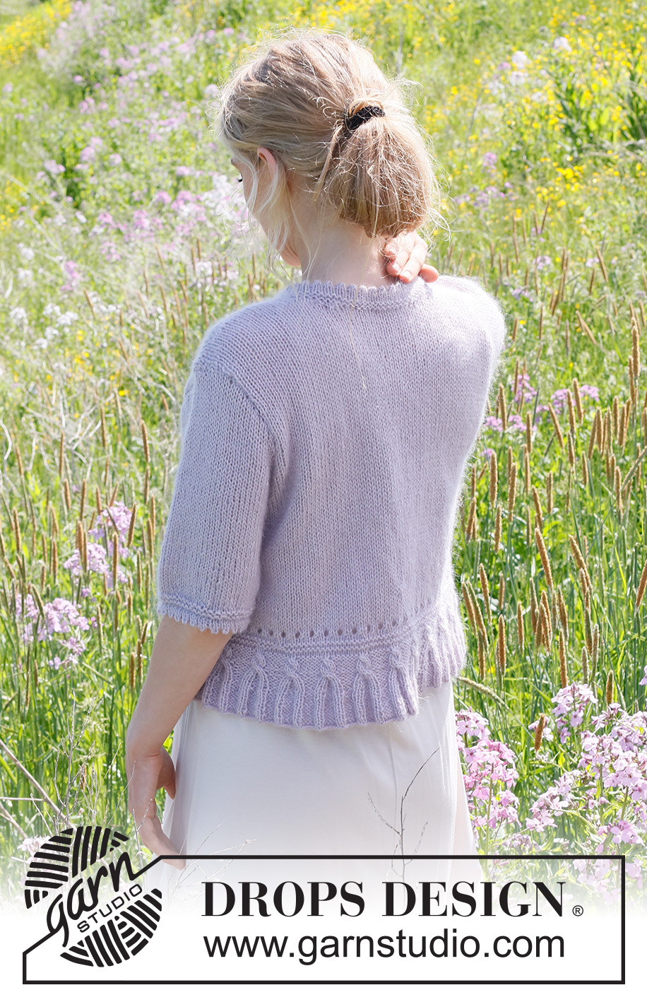 Provence Purple Cardigan / DROPS 232-52 - Knitted jacket in DROPS Alpaca and DROPS Kid-Silk. The piece is worked bottom up, with short sleeves and double neck. Sizes S - XXXL.