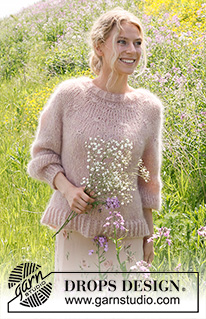 Misty Rose / DROPS 232-6 - Gestrickter Pullover in 4 Fäden DROPS Kid-Silk. Die Arbeit wird von oben nach unten mit Rundpasse und Ballonärmeln gestrickt. Größe S - XXXL.