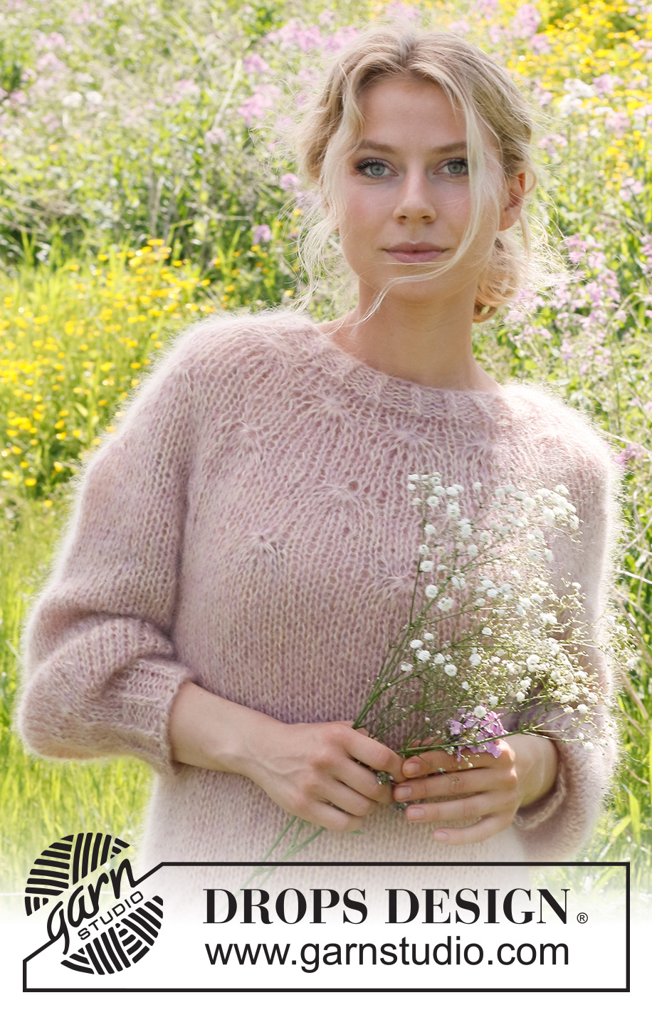 Misty Rose / DROPS 232-6 - Gestrickter Pullover in 4 Fäden DROPS Kid-Silk. Die Arbeit wird von oben nach unten mit Rundpasse und Ballonärmeln gestrickt. Größe S - XXXL.