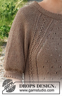 New Land / DROPS 232-9 - Strikket bluse i DROPS Belle. Arbejdet strikkes oppefra og ned med raglan, hulmønster, dobbelt kanter og korte ærmer. Størrelse S - XXXL.
