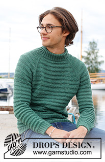 Green Harmony / DROPS 233-11 - Pull tricoté de haut en bas pour homme avec emmanchures raglan, point texturé et col doublé, . Du S au XXXL.