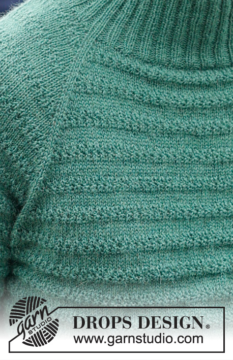 Green Harmony / DROPS 233-11 - Pull tricoté de haut en bas pour homme avec emmanchures raglan, point texturé et col doublé, . Du S au XXXL.