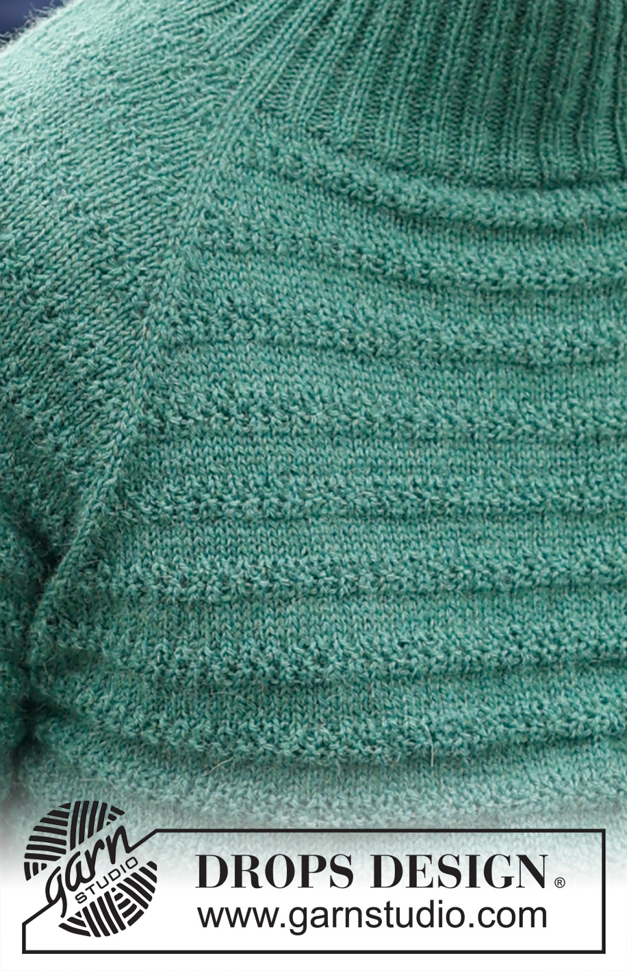 Green Harmony / DROPS 233-11 - Pull tricoté de haut en bas pour homme avec emmanchures raglan, point texturé et col doublé, . Du S au XXXL.