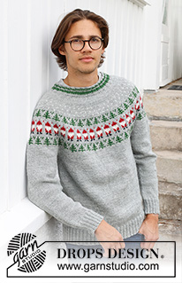 Christmas Time Sweater / DROPS 233-12 - Knitted jumper for men in DROPS Karisma. The piece is worked top down, with round yoke and coloured pattern of Santa and Christmas tree. Sizes S - XXXL. Theme: Christmas.