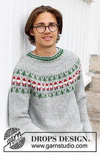 Christmas Time Sweater / DROPS 233-12 - Knitted jumper for men in DROPS Karisma. The piece is worked top down, with round yoke and coloured pattern of Santa and Christmas tree. Sizes S - XXXL. Theme: Christmas.