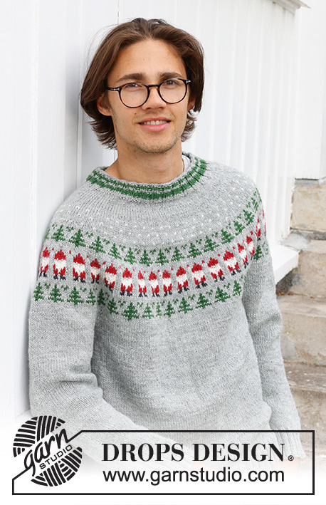 Christmas Time Sweater / DROPS 233-12 - Knitted jumper for men in DROPS Karisma. The piece is worked top down, with round yoke and coloured pattern of Santa and Christmas tree. Sizes S - XXXL. Theme: Christmas.