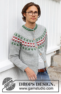 Christmas Time Cardigan / DROPS 233-13 - Knitted jacket for men in DROPS Karisma. The piece is worked top down, with round yoke and coloured pattern of Santa and Christmas tree. Sizes S - XXXL. Theme: Christmas.