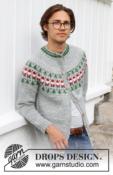 Christmas Time Cardigan / DROPS 233-13 - Knitted jacket for men in DROPS Karisma. The piece is worked top down, with round yoke and coloured pattern of Santa and Christmas tree. Sizes S - XXXL. Theme: Christmas.