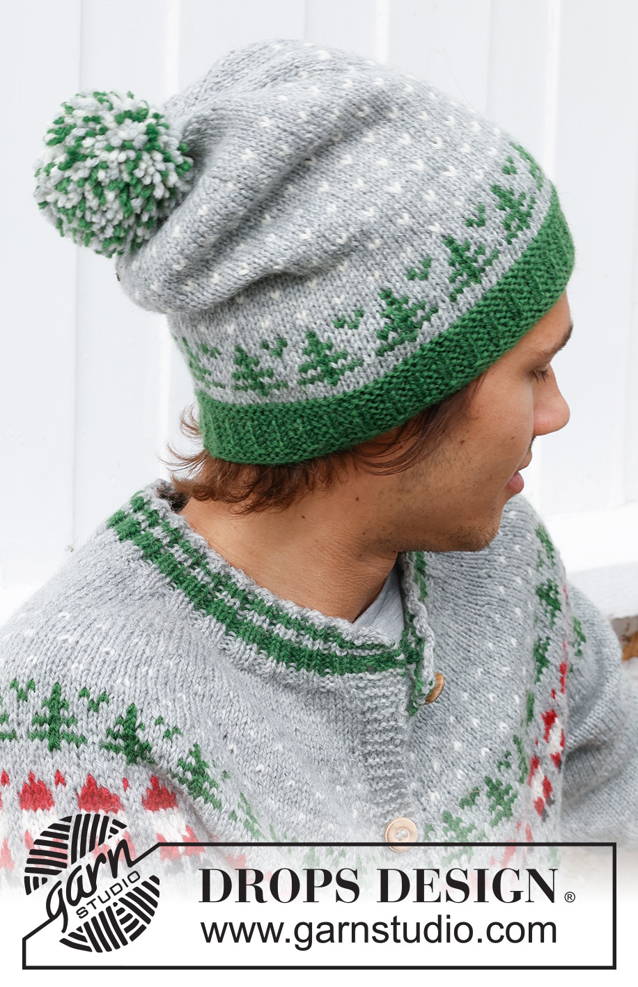 Christmas Time Hat / DROPS 233-14 - Knitted hat for men in DROPS Karisma. The piece is worked bottom up, with coloured pattern of Christmas tree. Theme: Christmas.