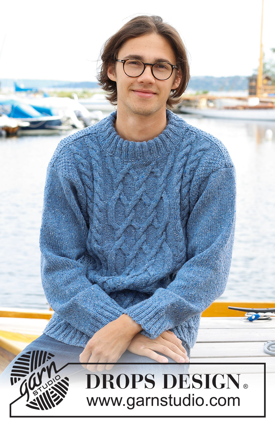 Sailor's Knots / DROPS 233-2 - Pull tricoté de de bas en haut pour homme en DROPS Soft Tweed ou DROPS Daisy, avec torsades, col doublé et manches montées. Du S au XXXL