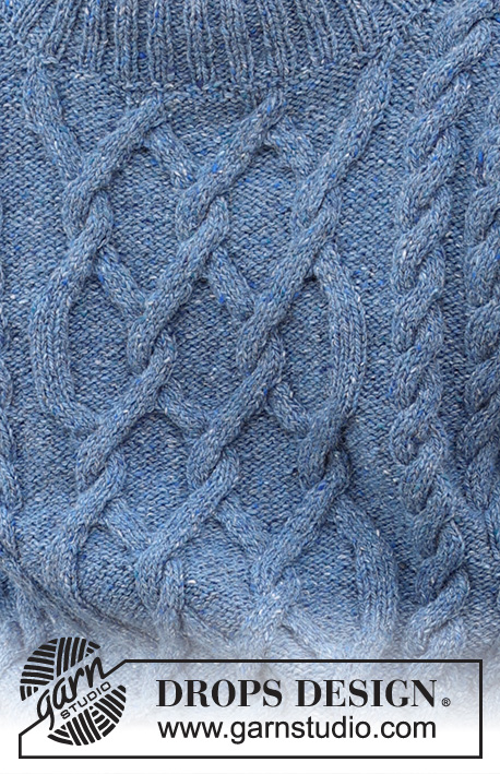 Sailor's Knots / DROPS 233-2 - Pull tricoté de de bas en haut pour homme en DROPS Soft Tweed ou DROPS Daisy, avec torsades, col doublé et manches montées. Du S au XXXL