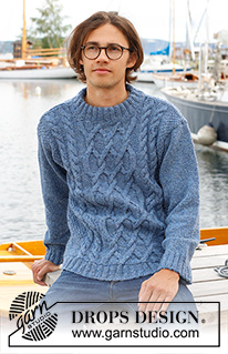 Sailor's Knots / DROPS 233-2 - Pull tricoté de de bas en haut pour homme en DROPS Soft Tweed ou DROPS Daisy, avec torsades, col doublé et manches montées. Du S au XXXL