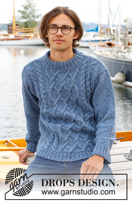 Sailor's Knots / DROPS 233-2 - Pull tricoté de de bas en haut pour homme en DROPS Soft Tweed ou DROPS Daisy, avec torsades, col doublé et manches montées. Du S au XXXL