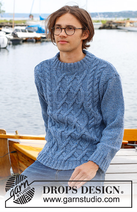 Sailor's Knots / DROPS 233-2 - Pull tricoté de de bas en haut pour homme en DROPS Soft Tweed ou DROPS Daisy, avec torsades, col doublé et manches montées. Du S au XXXL