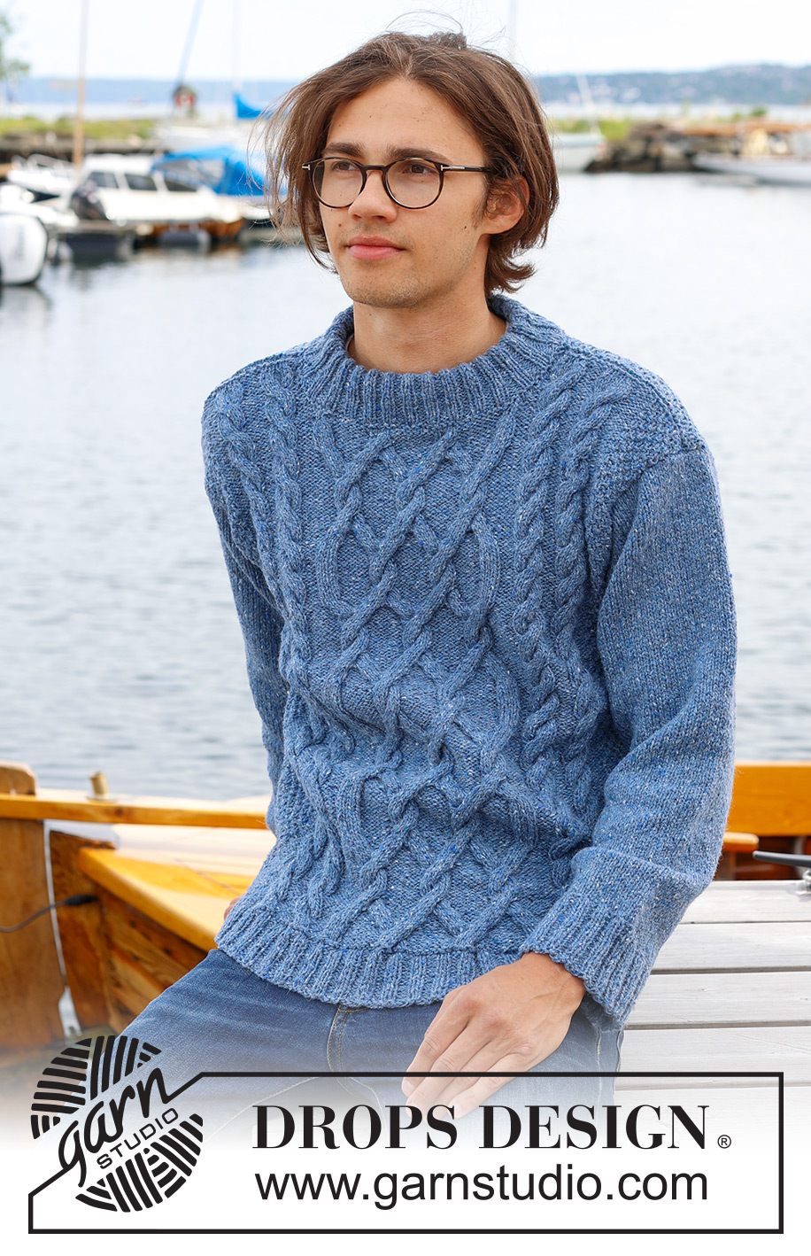 Sailor's Knots / DROPS 233-2 - Pull tricoté de de bas en haut pour homme en DROPS Soft Tweed ou DROPS Daisy, avec torsades, col doublé et manches montées. Du S au XXXL