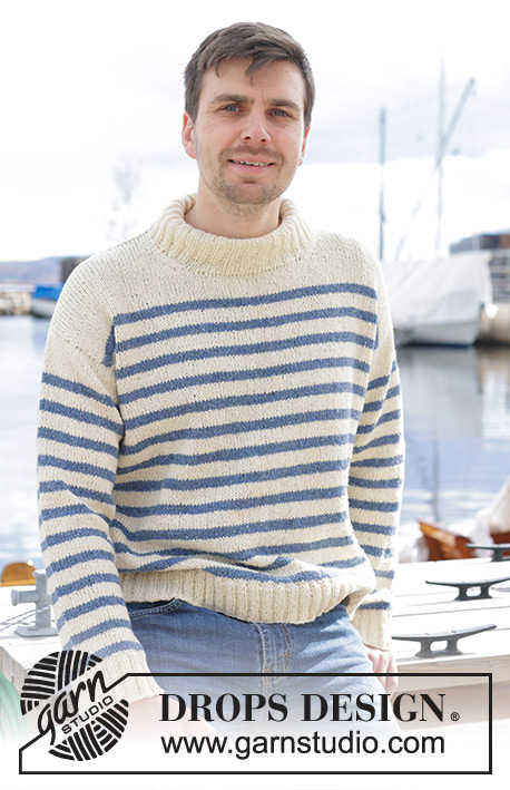 Sailor Stripes / DROPS 233-23 - Pull tricoté de haut en bas pour homme, en DROPS Soft Tweed. Se tricote avec épaules biaisées / épaules européennes, rayures et col montant. Du S au XXXL.