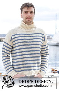 Sailor Stripes / DROPS 233-23 - Pull tricoté de haut en bas pour homme, en DROPS Soft Tweed. Se tricote avec épaules biaisées / épaules européennes, rayures et col montant. Du S au XXXL.
