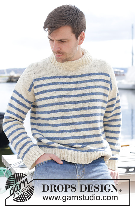 Sailor Stripes / DROPS 233-23 - Pull tricoté de haut en bas pour homme, en DROPS Soft Tweed. Se tricote avec épaules biaisées / épaules européennes, rayures et col montant. Du S au XXXL.
