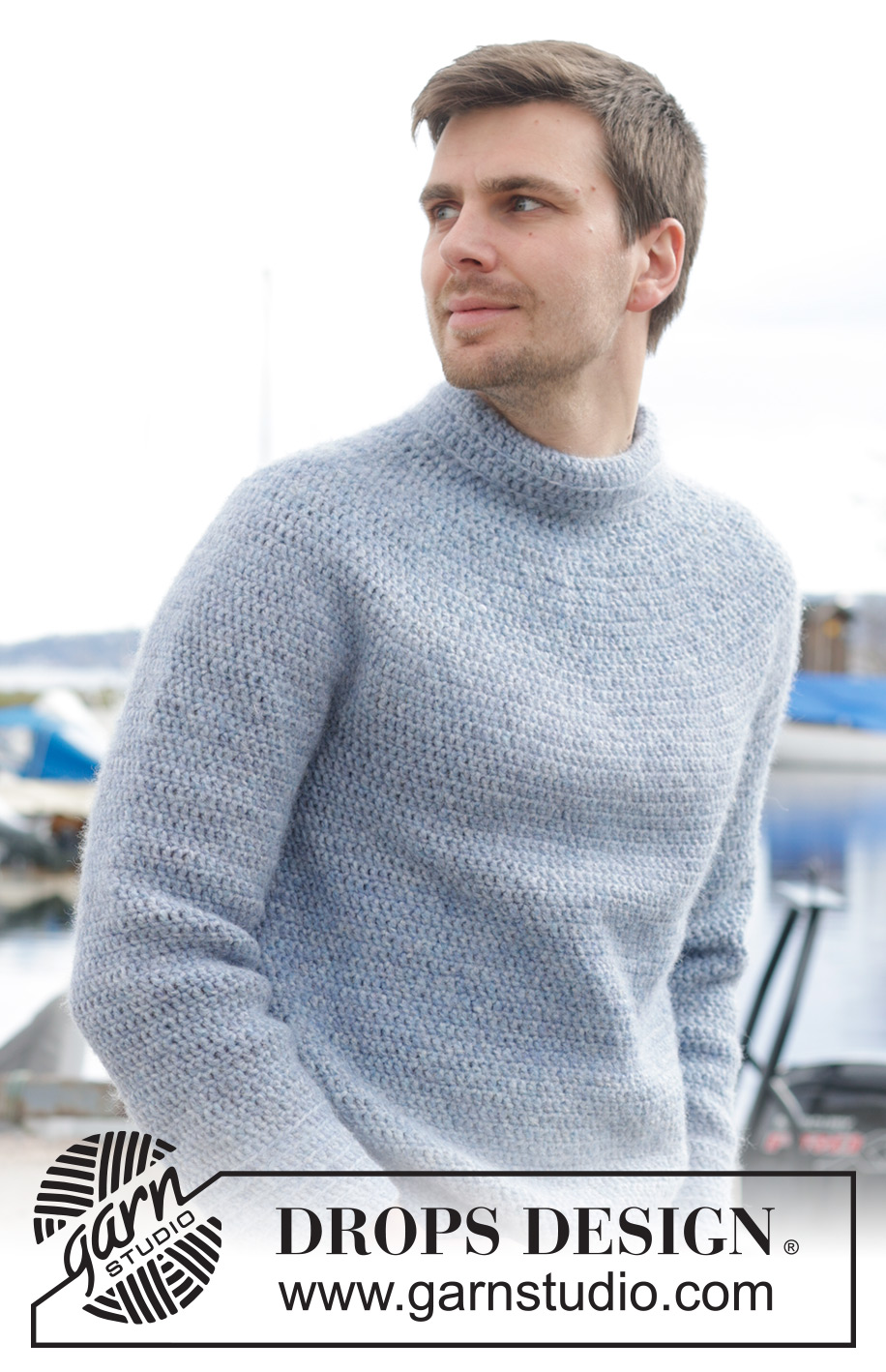 Keel Over / DROPS 233-25 - Gehäkelter Pullover für Herren in DROPS Air. Die Arbeit wird von oben nach unten mit Rundpasse und doppelter Halsblende gehäkelt. Größe S - XXXL.