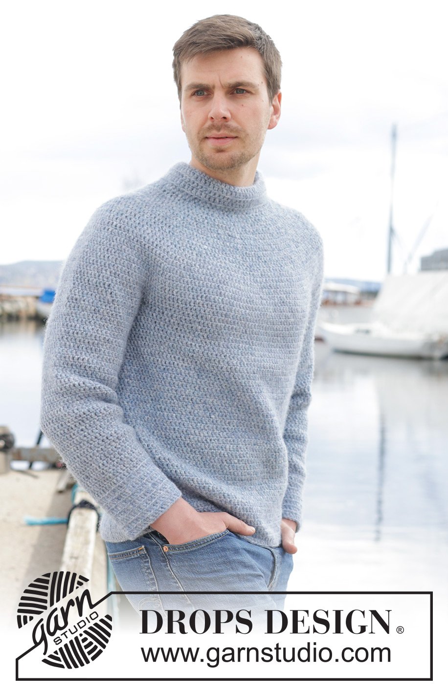 Keel Over / DROPS 233-25 - Gehäkelter Pullover für Herren in DROPS Air. Die Arbeit wird von oben nach unten mit Rundpasse und doppelter Halsblende gehäkelt. Größe S - XXXL.