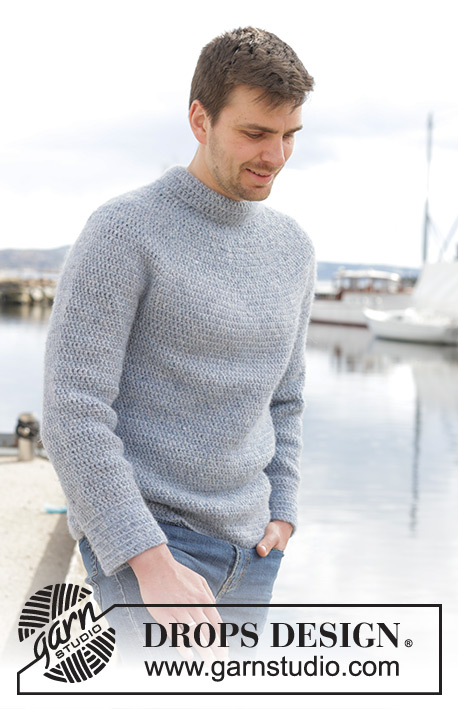 Keel Over / DROPS 233-25 - Gehäkelter Pullover für Herren in DROPS Air. Die Arbeit wird von oben nach unten mit Rundpasse und doppelter Halsblende gehäkelt. Größe S - XXXL.