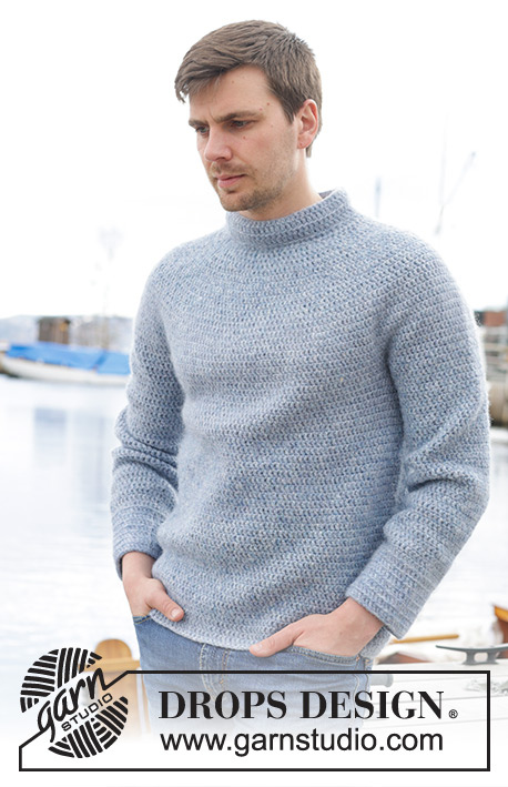 Keel Over / DROPS 233-25 - Gehäkelter Pullover für Herren in DROPS Air. Die Arbeit wird von oben nach unten mit Rundpasse und doppelter Halsblende gehäkelt. Größe S - XXXL.