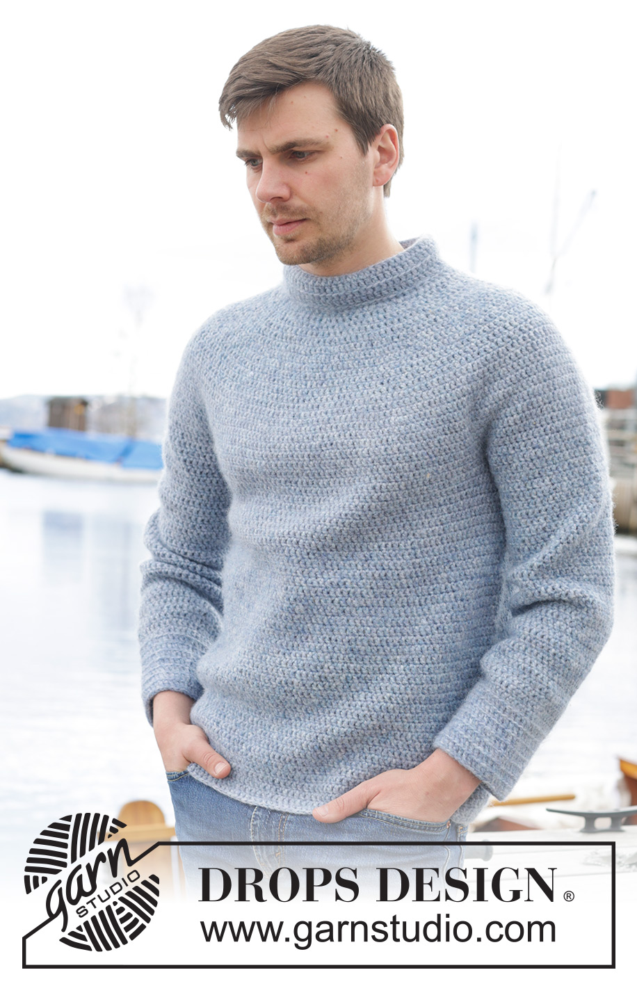 Keel Over / DROPS 233-25 - Gehäkelter Pullover für Herren in DROPS Air. Die Arbeit wird von oben nach unten mit Rundpasse und doppelter Halsblende gehäkelt. Größe S - XXXL.