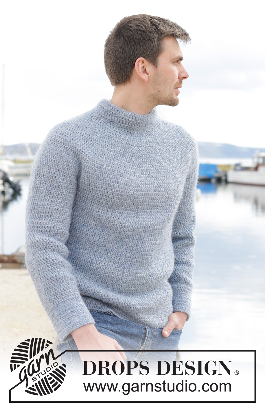 Keel Over / DROPS 233-25 - Gehäkelter Pullover für Herren in DROPS Air. Die Arbeit wird von oben nach unten mit Rundpasse und doppelter Halsblende gehäkelt. Größe S - XXXL.