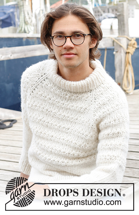 Misty Lines / DROPS 233-4 - Knitted jumper for men in DROPS Wish or 2 strands DROPS Air. The piece is worked top down with double neck, raglan and relief-pattern. Sizes S - XXXL.