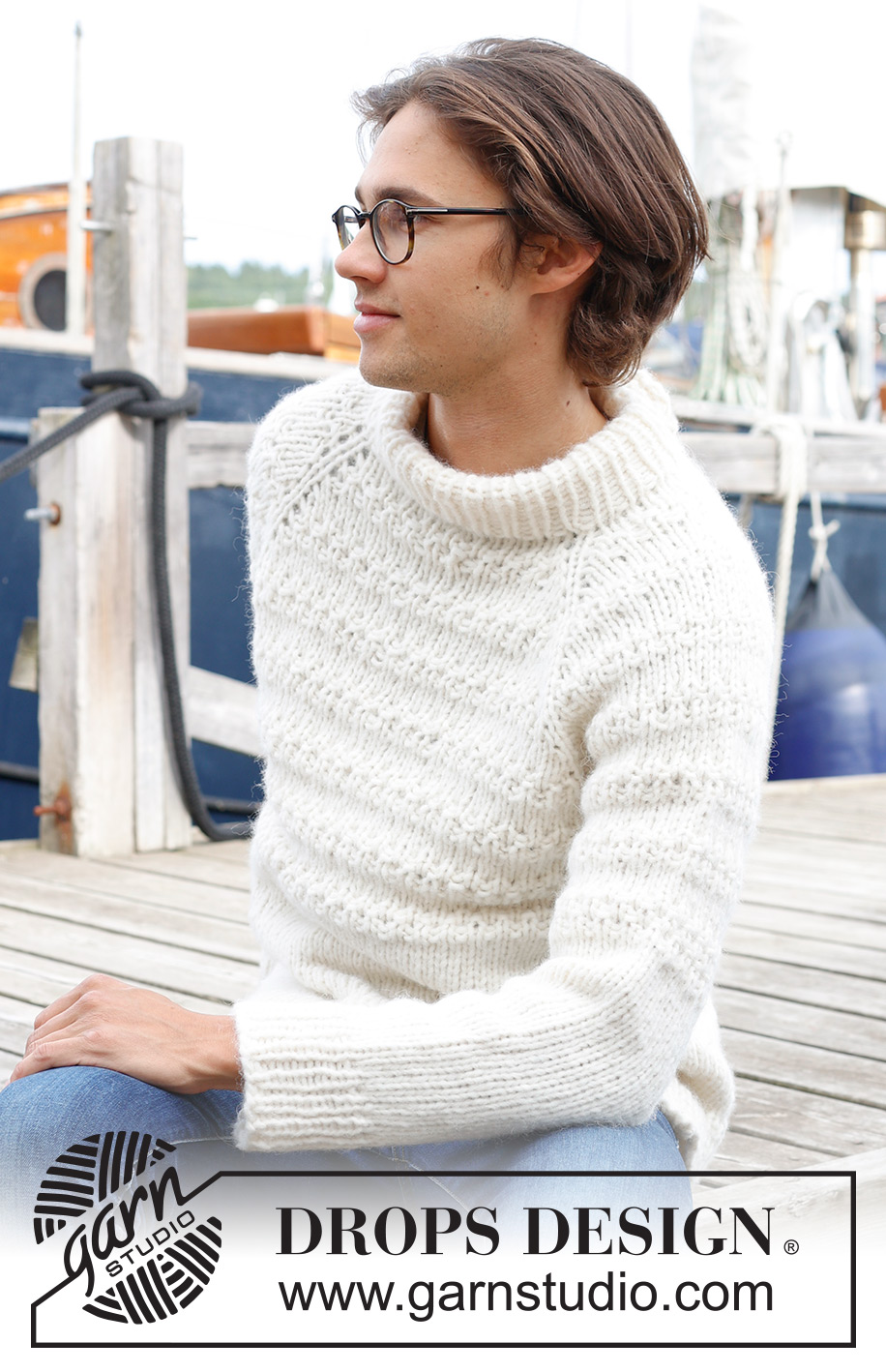 Misty Lines / DROPS 233-4 - Knitted jumper for men in DROPS Wish or 2 strands DROPS Air. The piece is worked top down with double neck, raglan and relief-pattern. Sizes S - XXXL.