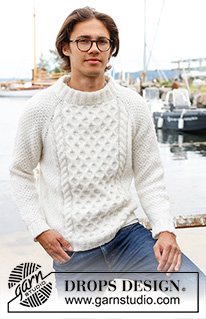 Cream Wafer / DROPS 233-5 - Pull tricoté de haut en bas pour homme en DROPS Air. Se tricote avec emmanchures raglan, col doublé, torsades et point de blé. Du S au XXXL.