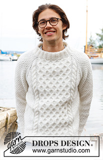 Cream Wafer / DROPS 233-5 - Pull tricoté de haut en bas pour homme en DROPS Air. Se tricote avec emmanchures raglan, col doublé, torsades et point de blé. Du S au XXXL.