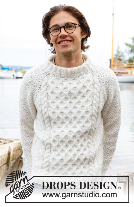 Cream Wafer / DROPS 233-5 - Pull tricoté de haut en bas pour homme en DROPS Air. Se tricote avec emmanchures raglan, col doublé, torsades et point de blé. Du S au XXXL.