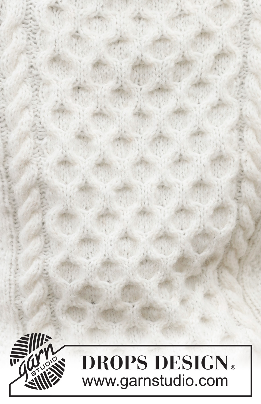 Cream Wafer / DROPS 233-5 - Pull tricoté de haut en bas pour homme en DROPS Air. Se tricote avec emmanchures raglan, col doublé, torsades et point de blé. Du S au XXXL.