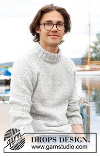 Early Moorning Mist / DROPS 233-6 - Maglione da uomo lavorato ai ferri in DROPS Air. Lavorato dall’alto in basso a maglia rasata, collo doppio e raglan. Taglie: S - XXXL.