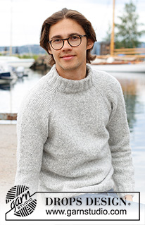 Early Moorning Mist / DROPS 233-6 - Maglione da uomo lavorato ai ferri in DROPS Air. Lavorato dall’alto in basso a maglia rasata, collo doppio e raglan. Taglie: S - XXXL.