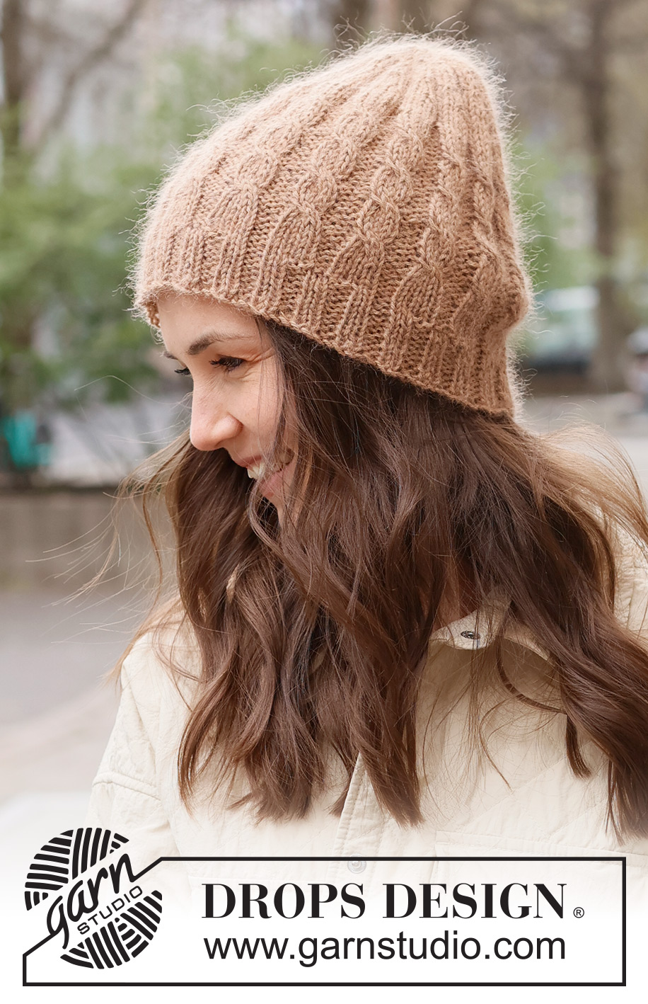 Peanut Butter Hat / DROPS 234-25 - Knitted hat in DROPS Puna and DROPS Kid-Silk. Piece is knitted bottom up, with rib and cables.